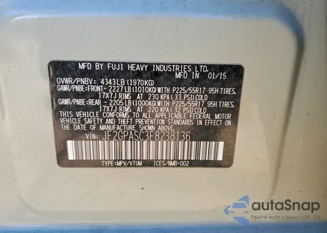 2015 Subaru Xv Crosstrek Sport Limited z USA, uszkodzony, nr VIN JF2GPASC3F8238136